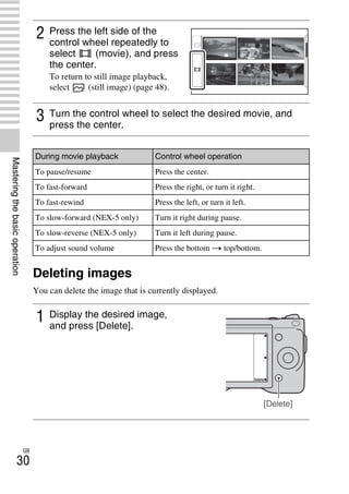 NEX-3/NEX-5
4-183-856-14(1)
F:CX75000_Paper_Revision3GB41838561414183856141NEX5U201GB-
NEX5U2040BAS.fm
master: Left
GB
30
Masteringthebasicoperation
Deleting images
You can delete the image that is currently displayed.
2 Press the left side of the
control wheel repeatedly to
select (movie), and press
the center.
To return to still image playback,
select (still image) (page 48).
3 Turn the control wheel to select the desired movie, and
press the center.
During movie playback Control wheel operation
To pause/resume Press the center.
To fast-forward Press the right, or turn it right.
To fast-rewind Press the left, or turn it left.
To slow-forward (NEX-5 only) Turn it right during pause.
To slow-reverse (NEX-5 only) Turn it left during pause.
To adjust sound volume Press the bottom t top/bottom.
1 Display the desired image,
and press [Delete].
[Delete]
 