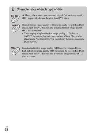 NEX-3/NEX-5
4-183-856-14(1)
F:CX75000_Paper_Revision3GB41838561414183856141NEX5U201GB-
NEX5U2080SOF.fm
master: Left
GB
62
z Characteristics of each type of disc
A Blu-ray disc enables you to record high definition image quality
(HD) movies of a longer duration than DVD discs.
High definition image quality (HD) movie can be recorded on DVD
media, such as DVD-R discs, and a high definition image quality
(HD) disc is created.
• You can play a high definition image quality (HD) disc on
AVCHD format playback devices, such as a Sony Blu-ray disc
player and a PlayStation®3. You cannot play the disc on ordinary
DVD players.
Standard definition image quality (STD) movie converted from
high definition image quality (HD) movie can be recorded on DVD
media, such as DVD-R discs, and a standard image quality (STD)
disc is created.
 