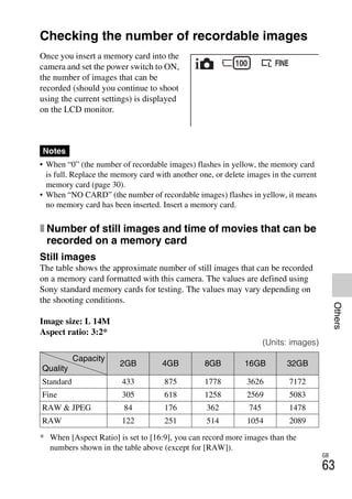 NEX-3/NEX-5
4-183-856-14(1)
F:CX75000_Paper_Revision3GB41838561414183856141NEX5U201GB-
NEX5U2090OTH.fm
master: Right
GB
63
Others
Others
Checking the number of recordable images
• When “0” (the number of recordable images) flashes in yellow, the memory card
is full. Replace the memory card with another one, or delete images in the current
memory card (page 30).
• When “NO CARD” (the number of recordable images) flashes in yellow, it means
no memory card has been inserted. Insert a memory card.
x Number of still images and time of movies that can be
recorded on a memory card
Still images
The table shows the approximate number of still images that can be recorded
on a memory card formatted with this camera. The values are defined using
Sony standard memory cards for testing. The values may vary depending on
the shooting conditions.
Image size: L 14M
Aspect ratio: 3:2*
(Units: images)
* When [Aspect Ratio] is set to [16:9], you can record more images than the
numbers shown in the table above (except for [RAW]).
Once you insert a memory card into the
camera and set the power switch to ON,
the number of images that can be
recorded (should you continue to shoot
using the current settings) is displayed
on the LCD monitor.
Notes
Capacity
Quality
2GB 4GB 8GB 16GB 32GB
Standard 433 875 1778 3626 7172
Fine 305 618 1258 2569 5083
RAW & JPEG 84 176 362 745 1478
RAW 122 251 514 1054 2089
 