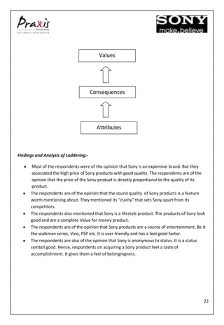 Values




                                       Consequences




                                         Attributes



Findings and Analysis of Laddering:-

       Most of the respondents were of the opinion that Sony is an expensive brand. But they
       associated the high price of Sony products with good quality. The respondents are of the
       opinion that the price of the Sony product is directly proportional to the quality of its
       product.
      The respondents are of the opinion that the sound quality of Sony products is a feature
      worth mentioning about. They mentioned its “clarity” that sets Sony apart from its
      competitors.
      The respondents also mentioned that Sony is a lifestyle product. The products of Sony look
      good and are a complete Value for money product.
      The respondents are of the opinion that Sony products are a source of entertainment. Be it
      the walkman series, Vaio, PSP etc. It is user friendly and has a feel good factor.
      The respondents are also of the opinion that Sony is anonymous to status. It is a status
      symbol good. Hence, respondents on acquiring a Sony product feel a taste of
      accomplishment. It gives them a feel of belongingness.




                                                                                               22
 