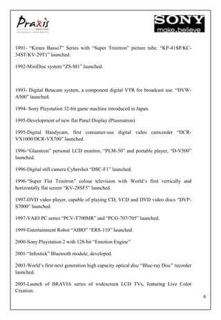 1991- “Kirara Basso7” Series with “Super Trinitron” picture tube. “KP-41SP/KC-
34ST/KV-29T1” launched.

1992-MiniDisc system “ZS-M1” launched.



1993- Digital Betacam system, a component digital VTR for broadcast use. “DVW-
A500” launched.

1994- Sony Playstation 32-bit game machine introduced in Japan.

1995-Development of new flat Panel Display (Plasmatron)

1995-Digital Handycam, first consumer-use digital video camcorder “DCR-
VX1000/DCR-VX700” launched.

1996-“Glasstron” personal LCD monitor, “PLM-50” and portable player, “D-V500”
launched.

1996-Digital still camera Cybershot “DSC-F1” launched.

1996-“Super Flat Trinitron” colour television with World’s first vertically and
horizontally flat screen “KV-28SF5” launched.

1997-DVD video player, capable of playing CD, VCD and DVD video discs “DVP-
S7000” launched.

1997-VAIO PC series “PCV-T700MR” and “PCG-707/705” launched.

1999-Entertainment Robot “AIBO” “ERS-110” launched.

2000-Sony Playstation 2 with 128-bit “Emotion Engine”

2001-“Infostick” Bluetooth module, developed.

2003-World’s first next generation high capacity optical disc “Blue-ray Disc” recorder
launched.

2005-Launch of BRAVIA series of widescreen LCD TVs, featuring Live Color
Creation.
                                                                                         6
 