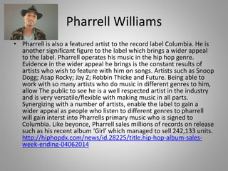 Pharrell Williams
• Pharrell is also a featured artist to the record label Columbia. He is
another significant figure to the label which brings a wider appeal
to the label. Pharrell operates his music in the hip hop genre.
Evidence in the wider appeal he brings is the constant results of
artists who wish to feature with him on songs. Artists such as Snoop
Dogg; Asap Rocky; Jay Z; Robbin Thicke and Future. Being able to
work with so many artists who do music in different genres to him,
allow The public to see he is a well respected artist in the industry
and is very versatile/flexible with making music in all parts.
Synergizing with a number of artists, enable the label to gain a
wider appeal as people who listen to different genres to pharrell
will gain interst into Pharrells primary music who is signed to
Columbia. Like beyonce, Pharrell sales millions of records on release
such as his recent album ‘Girl’ which managed to sell 242,133 units.
http://hiphopdx.com/news/id.28225/title.hip-hop-album-sales-
week-ending-04062014
 
