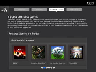 Biggest and best games The biggest and best titles for the PS3 have gone mobile, taking nothing away in the process. In fact, we’ve added a few new tricks; in Uncharted: Golden Abyss, you can adjust your view simply by titling the screen in the direction Drake is looking. Or Little Big Planet where you can plot your moves through the new touch screen technology. Or, select a club in Hot Shots Golf just by tapping your intended target on-screen. All kinds of new features show up in all your favorite games, all fitting nicely in your back pocket. Featured Games and Media PlayStation®Vita Games F1 2011™   Uncharted: Golden Abyss™   Hot Shots Golf: World Invitational   Wipeout 2048   Overview Features Games & Media Tech Specs 