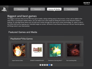 Biggest and best games The biggest and best titles for the PS3 have gone mobile, taking nothing away in the process. In fact, we’ve added a few new tricks; in Uncharted: Golden Abyss, you can adjust your view simply by titling the screen in the direction Drake is looking. Or Little Big Planet where you can plot your moves through the new touch screen technology. Or, select a club in Hot Shots Golf just by tapping your intended target on-screen. All kinds of new features show up in all your favorite games, all fitting nicely in your back pocket. Featured Games and Media PlayStation®Vita Games Super Stardust Delta   DYNASTY WARRIORS NEXT   Resistance: Burning Skies™   Ruin (working title)   Overview Features Games & Media Tech Specs 