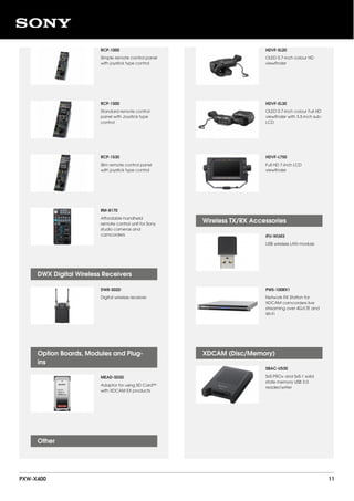 RCP-1000
Simple remote control panel
with joystick type control
RCP-1500
Standard remote control
panel with Joystick type
control
RCP-1530
Slim remote control panel
with joystick type control
RM-B170
Affordable handheld
remote control unit for Sony
studio cameras and
camcorders
DWR-S02D
Digital wireless receiver
MEAD-SD02
Adaptor for using SD Card™
with XDCAM EX products
DWX Digital Wireless Receivers
Option Boards, Modules and Plug-
ins
Other
HDVF-EL20
OLED 0.7-inch colour HD
viewfinder
HDVF-EL30
OLED 0.7-inch colour Full HD
viewfinder with 3.5-inch sub-
LCD
HDVF-L750
Full HD 7-inch LCD
viewfinder
IFU-WLM3
USB wireless LAN module
PWS-100RX1
Network RX Station for
XDCAM camcorders live
streaming over 4G/LTE and
Wi-Fi
SBAC-US30
SxS PRO+ and SxS-1 solid
state memory USB 3.0
reader/writer
Wireless TX/RX Accessories
XDCAM (Disc/Memory)
PXW-X400 11
 