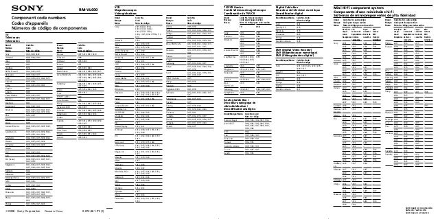 Sony RM-VL600 Remote Codes