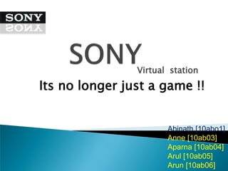 Virtual station
Its no longer just a game !!


                       Abinath [10abo1]
                       Anne [10ab03]
                       Aparna [10ab04]
                       Arul [10ab05]
                       Arun [10ab06]
 