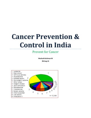 Cancer Prevention &
Control in India
Prevent for Cancer
MuthuKrishishnan M
08-Aug-14
 