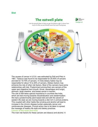 Diet
The causes of cancer in U.S.A. was estimated by Doll and Peto in
1981. Tobacco was found to be responsible for 25-40% of cancers
and diet for 10-70% of cancers. In India dietary habits may be
responsible for about 10 to 20% of cancers. Dietary factors may
enhance the role of other risk factors. Most of the cancers have some
relationships with diet. Predominant among them are cancers of the
upper aero digestive tract (mouth, throat, oesophagus and lungs),
stomach, large intestine, and breast cancer in women.
The role of diet takes special importance in countries like India,
which are fast moving towards industrialization and westernization.
We had a predominantly plant based diet and with the advent of
western life style we are moving towards a diet rich in animal proteins.
This coupled with other habits like smoking and alcohol will lead to
increase in the chronic disease burden especially cancer and
cardiovascular diseases. Prompt action has to be taken to spread
the message of healthy life style and dietary practices.
Cancer of the head and neck
The main risk factors for these cancers are tobacco and alcohol. A
 