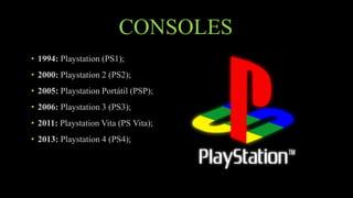 CONSOLES
• 1994: Playstation (PS1);
• 2000: Playstation 2 (PS2);
• 2005: Playstation Portátil (PSP);
• 2006: Playstation 3 (PS3);
• 2011: Playstation Vita (PS Vita);
• 2013: Playstation 4 (PS4);
 