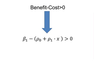 Benefit-Cost>0
𝛽1 − 𝜌0 + 𝜌1 ∙ 𝑥 > 0
𝜀
 