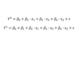 𝑌0
= 𝛽0 + 𝛽2 ∙ 𝑥1 + 𝛽3 ∙ 𝑥2 + 𝛽4 ∙ 𝑥2 + 𝜀
𝑌1
= 𝛽0 + 𝛽1 + 𝛽2 ∙ 𝑥1 + 𝛽3 ∙ 𝑥2 + 𝛽4 ∙ 𝑥2 + 𝜀
 