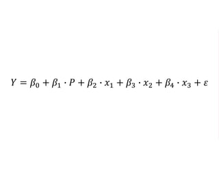 𝑌 = 𝛽0 + 𝛽1 ∙ 𝑃 + 𝛽2 ∙ 𝑥1 + 𝛽3 ∙ 𝑥2 + 𝛽4 ∙ 𝑥3 + 𝜀
 