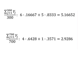 𝑗=1
300
𝑌𝑗
300
: 6 ∙ .16667 + 5 ∙ .8333 = 5.16652
𝑗=1
700
𝑌𝑗
700
: 4 ∙ .6428 + 1 ∙ .3571 = 2.9286
 