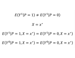 𝐸 𝑌1
𝑃 = 1 ≠ 𝐸 𝑌1
𝑃 = 0
𝑋 = 𝑥∗
𝐸 𝑌1
𝑃 = 1, 𝑋 = 𝑥∗
= 𝐸 𝑌1
𝑃 = 0, 𝑋 = 𝑥∗
𝐸 𝑌0
𝑃 = 1, 𝑋 = 𝑥∗
= 𝐸 𝑌0
𝑃 = 0, 𝑋 = 𝑥∗
 