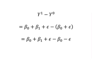 𝑌1 − 𝑌0
= 𝛽0 + 𝛽1 + 𝜖 − 𝛽0 + 𝜖
= 𝛽0 + 𝛽1 + 𝜖 − 𝛽0 − 𝜖
= 𝛽1
 
