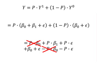 𝑌 = 𝑃 ∙ 𝑌1
+ 1 − 𝑃 ∙ 𝑌0
= 𝑃 ∙ 𝛽0 + 𝛽1 + 𝜖 + 1 − 𝑃 ∙ 𝛽0 + 𝜖
= 𝑃 ∙ 𝛽0 + 𝑃 ∙ 𝛽1 + 𝑃 ∙ 𝜖
+𝛽0 + 𝜖 − 𝑃 ∙ 𝛽0 − 𝑃 ∙ 𝜖
= 𝛽0 + 𝑃 ∗ 𝛽1 + 𝜖
 