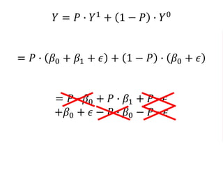 𝑌 = 𝑃 ∙ 𝑌1
+ 1 − 𝑃 ∙ 𝑌0
= 𝑃 ∙ 𝛽0 + 𝛽1 + 𝜖 + 1 − 𝑃 ∙ 𝛽0 + 𝜖
= 𝑃 ∙ 𝛽0 + 𝑃 ∙ 𝛽1 + 𝑃 ∙ 𝜖
+𝛽0 + 𝜖 − 𝑃 ∙ 𝛽0 − 𝑃 ∙ 𝜖
= 𝛽0 + 𝑃 ∗ 𝛽1 + 𝜖
 