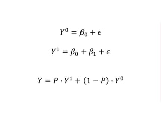 𝑌0
= 𝛽0 + 𝜖
𝑌1
= 𝛽0 + 𝛽1 + 𝜖
𝑌 = 𝑃 ∙ 𝑌1
+ 1 − 𝑃 ∙ 𝑌0
 