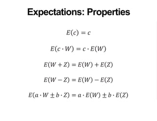 𝐸 𝑐 = 𝑐
𝐸 𝑐 ∙ 𝑊 = 𝑐 ∙ 𝐸 𝑊
𝐸 𝑊 + 𝑍 = 𝐸 𝑊 + 𝐸 𝑍
𝐸 𝑊 − 𝑍 = 𝐸 𝑊 − 𝐸 𝑍
𝐸 𝑎 ∙ 𝑊 ± 𝑏 ∙ 𝑍 = 𝑎 ∙ 𝐸 𝑊 ± 𝑏 ∙ 𝐸 𝑍
Expectations: Properties
 