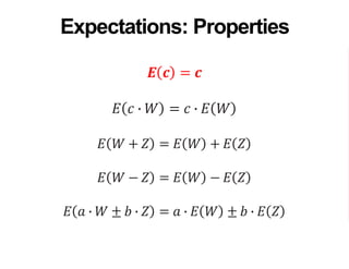 𝑬 𝒄 = 𝒄
𝐸 𝑐 ∙ 𝑊 = 𝑐 ∙ 𝐸 𝑊
𝐸 𝑊 + 𝑍 = 𝐸 𝑊 + 𝐸 𝑍
𝐸 𝑊 − 𝑍 = 𝐸 𝑊 − 𝐸 𝑍
𝐸 𝑎 ∙ 𝑊 ± 𝑏 ∙ 𝑍 = 𝑎 ∙ 𝐸 𝑊 ± 𝑏 ∙ 𝐸 𝑍
Expectations: Properties
 