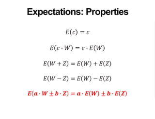 𝐸 𝑐 = 𝑐
𝐸 𝑐 ∙ 𝑊 = 𝑐 ∙ 𝐸 𝑊
𝐸 𝑊 + 𝑍 = 𝐸 𝑊 + 𝐸 𝑍
𝐸 𝑊 − 𝑍 = 𝐸 𝑊 − 𝐸 𝑍
𝑬 𝒂 ∙ 𝑾 ± 𝒃 ∙ 𝒁 = 𝒂 ∙ 𝑬 𝑾 ± 𝒃 ∙ 𝑬 𝒁
Expectations: Properties
 