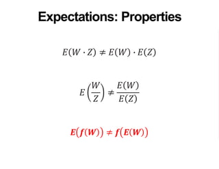 𝐸 𝑊 ∙ 𝑍 ≠ 𝐸 𝑊 ∙ 𝐸 𝑍
𝐸
𝑊
𝑍
≠
𝐸 𝑊
𝐸 𝑍
𝑬 𝒇 𝑾 ≠ 𝒇 𝑬 𝑾
Expectations: Properties
 