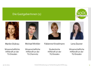 Die GastgeberInnen (1)

Marlen Dubrau

Michael Winkler

Fabienne Kinzelmann

Lena Zauner

Wissenschaftliche
Hilfskraft an der
TU Dresden

Wissenschaftliche
Hilfskraft an der
TU Chemnitz

Studentische
Hilfskraft an der
TU Dresden

Wissenschaftliche
Hilfskraft an der
TU Dresden

30.10.2013

Erste Onlinesitzung zur Vorbereitung des SOOC1314

3

 