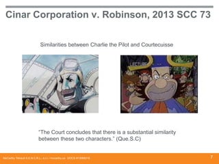 Cinar Corporation v. Robinson, 2013 SCC 73
Similarities between Charlie the Pilot and Courtecuisse

“The Court concludes that there is a substantial similarity
between these two characters.” (Que.S.C)

McCarthy Tétrault S.E.N.C.R.L., s.r.l. / mccarthy.ca DOCS #13068218

7

 