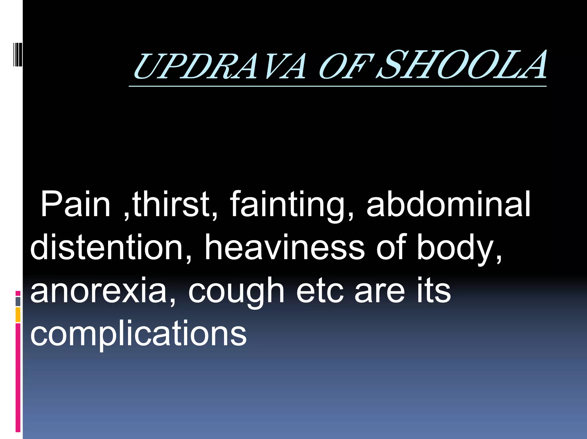 UPDRAVA OF SHOOLA


 Pain ,thirst, fainting, abdominal
distention, heaviness of body,
anorexia, cough etc are its
complications
 
