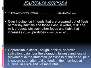 KAPHAJA SHOOLA
“Aanupa varija kilata………………”(M.N.26.9-10)

Over indulgence in foods that are prepared out of flesh
of marshy animals and those living in water, milk and
milk products etc such other foods and habit that
increases kapha,produces kaphaja shoola.




Oppression in chest , cough, debility, anorexia,
salivation, pain near the stomach, fullness and loss of
movement in the abdomen ,heaviness of the head, pain
is severe soon after taking food, in the mornings at
sunrise, in sisira and vasanta ritus
 