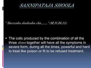 SANNIPATAJA SHOOLA


“Sarveshu dosheshu cha……”(M.N.26.11)



  The colic produced by the combination of all the
  three dosas together will have all the symptoms in
  severe form, during all the times, powerful and hard
  to treat like poison or fit to be refused treatment.
 