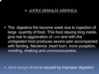 ANNA DOSAJA SHOOLA.


The digestive fire become weak due to ingestion of
large quantity of food. This food staying long inside,
give rise to aggravation of vata and with the
undigested food produces severe pain accompanied
with fainting, flatulence ,heart burn, more purgation,
vomiting, shaking and unconsciousness.



Anna dosaja shoola is caused by improper digestion
 