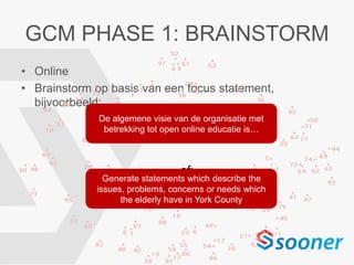 • Online
• Brainstorm op basis van een focus statement,
bijvoorbeeld:
of:
GCM PHASE 1: BRAINSTORM
De algemene visie van de organisatie met
betrekking tot open online educatie is…
Generate statements which describe the
issues, problems, concerns or needs which
the elderly have in York County
 