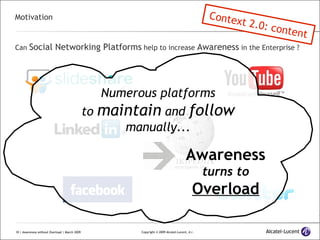 Motivation Can  Social Networking Platforms  help to increase  Awareness  in the Enterprise ? Numerous platforms to  maintain  and  follow manually... Awareness turns to Overload Context 2.0: content 