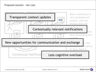 Proposed solution – Use case Bob is working on a Java development project, and one module does not work... Alice and Carol have been developing this module. Because she is also currently developing in Java, Alice is notified of Bob's problem. Alice Bob Carol    Contextual Notification Framework context notifications context notifications context notifications Bob SOS! Similar context Transparent context updates Contextually relevant notifications New opportunities for communication and exchange Less cognitive overload 