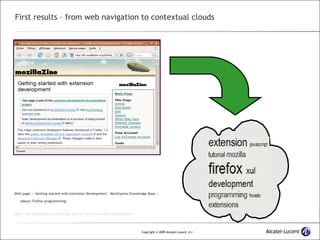 First results – from web navigation to contextual clouds Web page: « Getting started with extension development – Mozillazine Knowledge Base » (about Firefox programming) http://kb.mozillazine.org/Getting_started_with_extension_development 