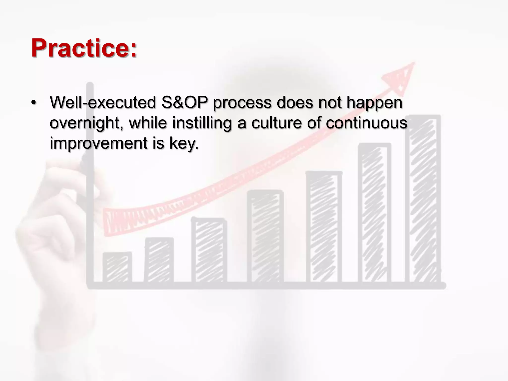 Practice:
• Well-executed S&OP process does not happen
overnight, while instilling a culture of continuous
improvement is key.
 