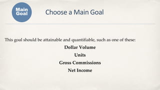 Choose a Main Goal
This goal should be attainable and quantifiable, such as one of these:
Dollar Volume
Units
Gross Commissions
Net Income
Main
Goal
 