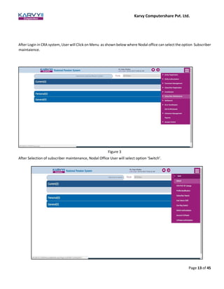 Karvy Computershare Pvt. Ltd.
Page 13 of 45
After Login in CRA system, User will Click on Menu as shown below where Nodal office can select the option Subscriber
maintaience.
Figure 3
After Selection of subscriber maintenance, Nodal Office User will select option ‘Switch’.
 