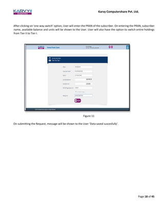 Karvy Computershare Pvt. Ltd.
Page 18 of 45
After clicking on ‘one way switch’ option, User will enter the PRAN of the subscriber. On entering the PRAN, subscriber
name, available balance and units will be shown to the User. User will also have the option to switch entire holdings
from Tier II to Tier I.
Figure 11
On submitting the Request, message will be shown to the User ‘Data saved suscesfully’.
 
