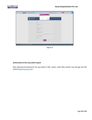 Karvy Computershare Pvt. Ltd.
Page 19 of 45
Figure 12
Authorisation of One way switch request
After Capturing the Request for one way switch in CRA system, nodal office another User will logs into CRA
system (www.cra.karvy.com).
 