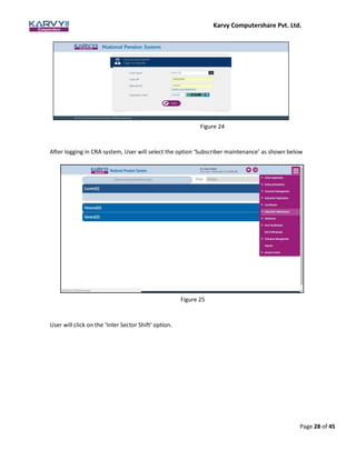Karvy Computershare Pvt. Ltd.
Page 28 of 45
Figure 24
After logging in CRA system, User will select the option ‘Subscriber maintenance’ as shown below
Figure 25
User will click on the ‘Inter Sector Shift’ option.
 