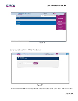 Karvy Computershare Pvt. Ltd.
Page 29 of 45
User is required to provide the PRAN of the subscriber.
Figure 27
Once User enters the PRAN and click on ‘Search’ button, subscriber details will be shown to the User such as
Figure 26
 