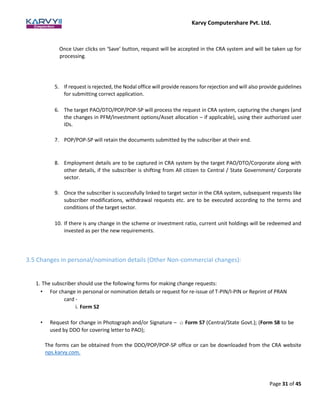 Karvy Computershare Pvt. Ltd.
Page 31 of 45
Once User clicks on ‘Save’ button, request will be accepted in the CRA system and will be taken up for
processing.
5. If request is rejected, the Nodal office will provide reasons for rejection and will also provide guidelines
for submitting correct application.
6. The target PAO/DTO/POP/POP-SP will process the request in CRA system, capturing the changes (and
the changes in PFM/Investment options/Asset allocation – if applicable), using their authorized user
IDs.
7. POP/POP-SP will retain the documents submitted by the subscriber at their end.
8. Employment details are to be captured in CRA system by the target PAO/DTO/Corporate along with
other details, if the subscriber is shifting from All citizen to Central / State Government/ Corporate
sector.
9. Once the subscriber is successfully linked to target sector in the CRA system, subsequent requests like
subscriber modifications, withdrawal requests etc. are to be executed according to the terms and
conditions of the target sector.
10. If there is any change in the scheme or investment ratio, current unit holdings will be redeemed and
invested as per the new requirements.
3.5 Changes in personal/nomination details (Other Non-commercial changes):
1. The subscriber should use the following forms for making change requests:
• For change in personal or nomination details or request for re-issue of T-PIN/I-PIN or Reprint of PRAN
card -
i. Form S2
• Request for change in Photograph and/or Signature – o Form S7 (Central/State Govt.); (Form S8 to be
used by DDO for covering letter to PAO);
The forms can be obtained from the DDO/POP/POP-SP office or can be downloaded from the CRA website
nps.karvy.com.
 