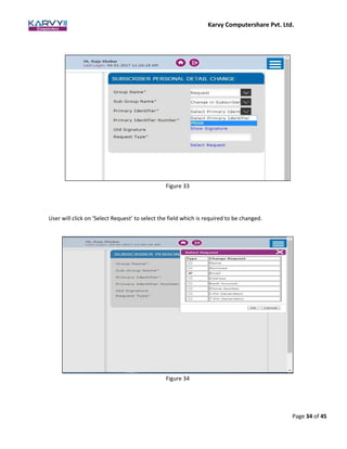 Karvy Computershare Pvt. Ltd.
Page 34 of 45
User will click on ‘Select Request’ to select the field which is required to be changed.
Figure 33
Figure 34
 