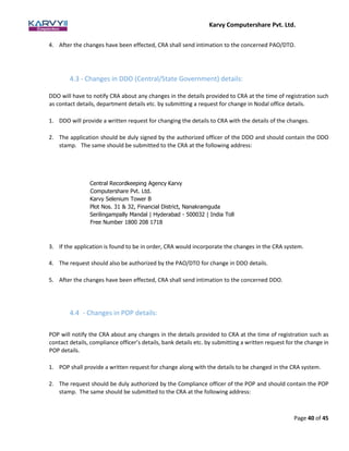 Karvy Computershare Pvt. Ltd.
Page 40 of 45
4. After the changes have been effected, CRA shall send intimation to the concerned PAO/DTO.
4.3 - Changes in DDO (Central/State Government) details:
DDO will have to notify CRA about any changes in the details provided to CRA at the time of registration such
as contact details, department details etc. by submitting a request for change in Nodal office details.
1. DDO will provide a written request for changing the details to CRA with the details of the changes.
2. The application should be duly signed by the authorized officer of the DDO and should contain the DDO
stamp. The same should be submitted to the CRA at the following address:
Central Recordkeeping Agency Karvy
Computershare Pvt. Ltd.
Karvy Selenium Tower B
Plot Nos. 31 & 32, Financial District, Nanakramguda
Serilingampally Mandal | Hyderabad - 500032 | India Toll
Free Number 1800 208 1718
3. If the application is found to be in order, CRA would incorporate the changes in the CRA system.
4. The request should also be authorized by the PAO/DTO for change in DDO details.
5. After the changes have been effected, CRA shall send intimation to the concerned DDO.
4.4 - Changes in POP details:
POP will notify the CRA about any changes in the details provided to CRA at the time of registration such as
contact details, compliance officer’s details, bank details etc. by submitting a written request for the change in
POP details.
1. POP shall provide a written request for change along with the details to be changed in the CRA system.
2. The request should be duly authorized by the Compliance officer of the POP and should contain the POP
stamp. The same should be submitted to the CRA at the following address:
 