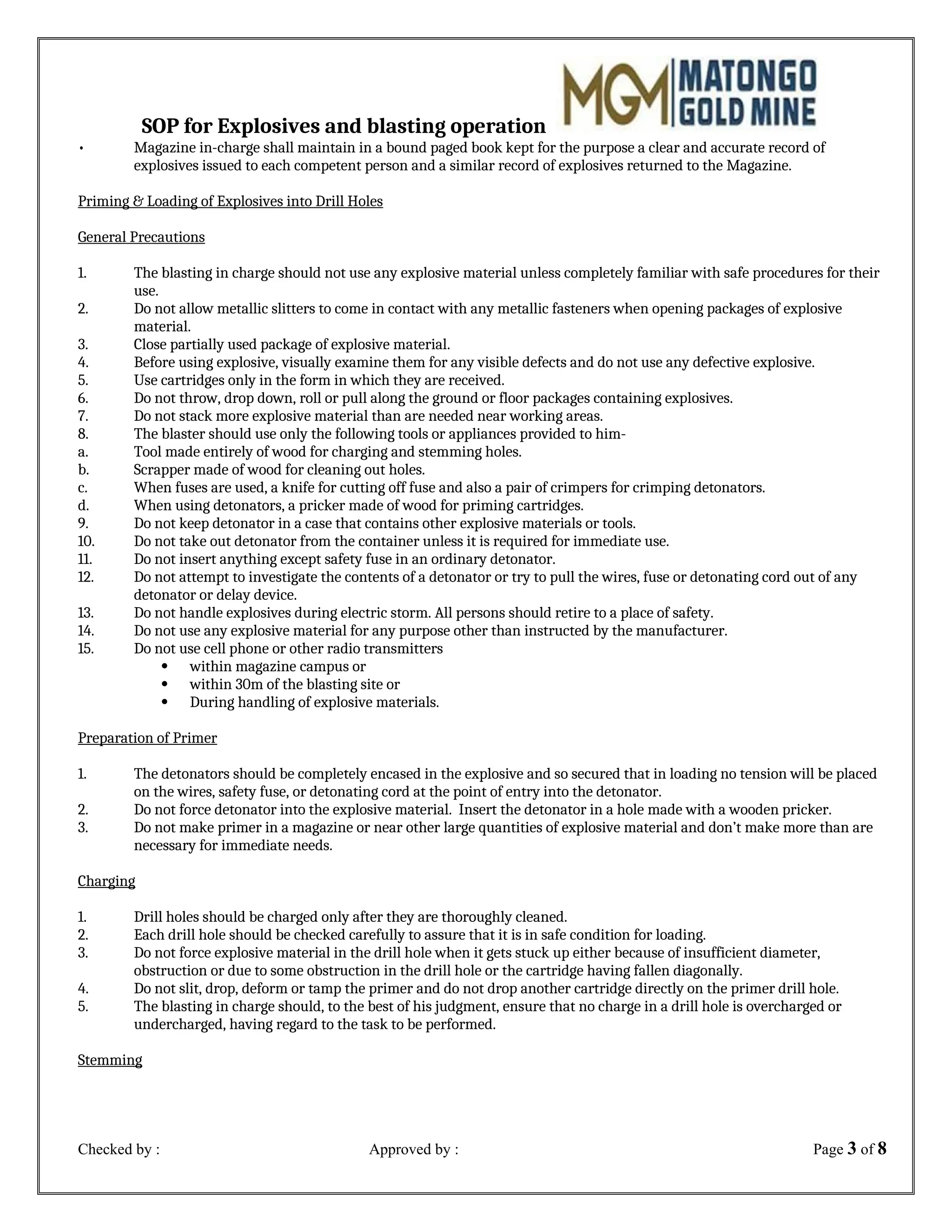 SOP for explosives and blasting operation docx SOP for explosives and blasting operation docx