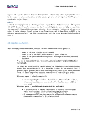 Karvy Computershare Pvt. Ltd.
Page 10 of 69
required in the web based format. On successful registration, a token number will be displayed on the screen
for the purpose of reference. Subscriber can also raise the grievance without login into the CRA system by
providing the relevant details.
Offline:
A subscriber can log a grievance by submitting details in a physical form to the Central Grievance Management
Cell at CRA. On receiving such a grievance, the CRA-FC user will digitize the same and lodge a request in the
CRA system, with SMS/email intimation to the subscriber. Other entities like PAO, PFM etc. will not have an
option of logging grievance through physical format. The grievances will be logged into the CGMS by the
Grievance Management Cell of CRA. Subscribers will have a particular format which will be included in the
PRAN kit.
3.3 Escalation Mechanism:
There will three (3) levels of resolution, namely L1, L2 and L3 for Grievances raised against CRA.
• L1 will be the initial level for grievance received.
• L2 will be the second level of resolution with 1st level of escalation.
• L3 will be the specialized and unified grievance resolving team and with 2nd level of
escalation.
** L2 and L3 are escalation levels. System will have two escalation levels (from L1 to L2 and
from L2 to L3).
The system will have provision to manually escalate the grievance by the user or automatically
escalate after a stipulated period. The escalation will be based on criteria like the nature of
grievance, age of grievance, entity who raised the grievance, entity against which grievance is
raised. The criteria for grievance escalation from one level to another are given below:
Grievances logged by Subscriber against CRA
• Grievances pending for more than 2 days at a level will be escalated to next level.
• Grievances related to scheme set up details will be directly escalated to L2 level
when raised
Grievances logged by Nodal Offices (PAO/DDO/DTO etc.) against CRA
• All grievances raised on behalf of subscriber will be escalated based only on the
criteria mentioned above under “Grievances logged by Subscriber”.
• All grievances that PAO has raised against CRA will be considered as an escalated
grievance (directly escalated to L2 level when raised).
 