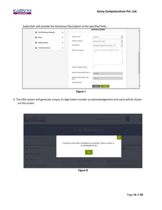 Karvy Computershare Pvt. Ltd.
Page 16 of 69
Subscriber will provide the Grievance Description in the specified field.
3. The CRA system will generate unique 15-digit token number as acknowledgement and same will be shown
on the screen.
Figure 8
Figure 7
 